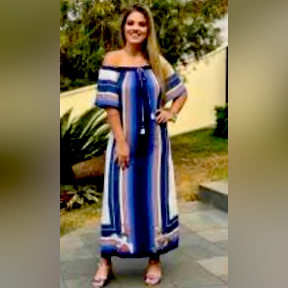 Farm Rio Off-shoulder or wide-neck striped maxi dress with tasseled front ties